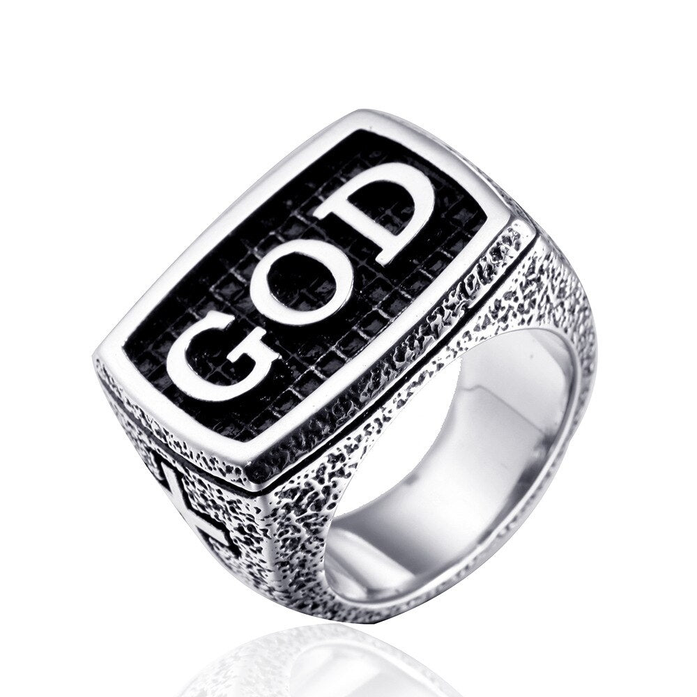 Stainless Steel Titanium Retro English Letter GOD Cross Vintage Rings for Men Women