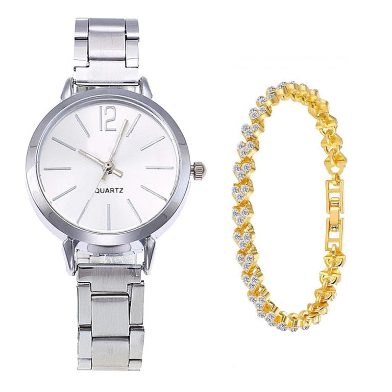 2pcs Set Watch Luxury Women Fashion Gold Bracelet Quartz Wristwatch