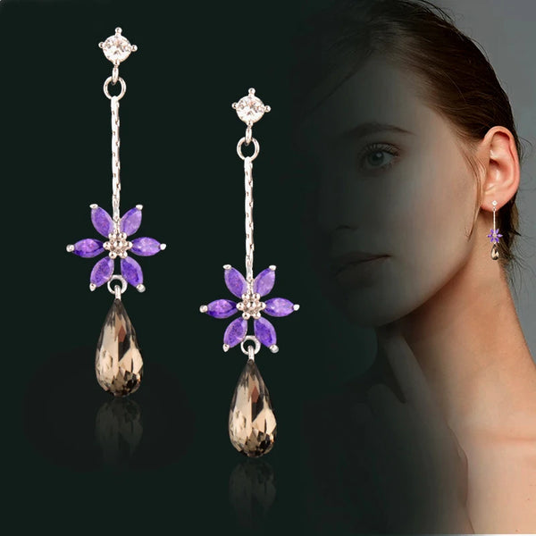 charm purple crystal flower earrings for women