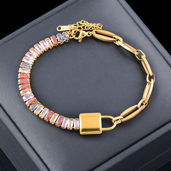 Trend Stainless Steel Colorful Square Cubic Zirconia Bracelet For Women