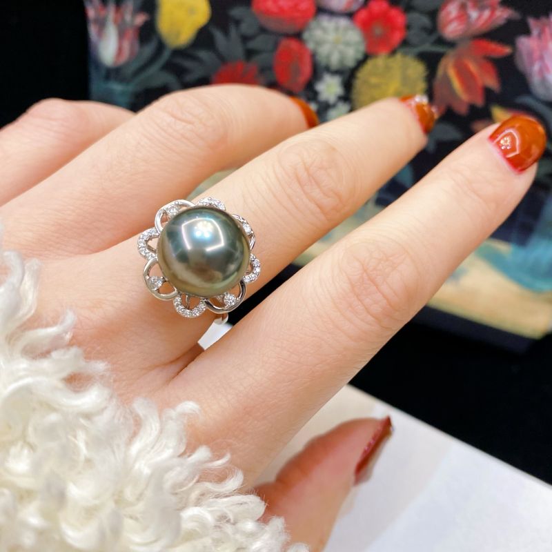 925 Sterling Silver Seawater Tahiti Black 12-13mm Pearl Adjustable Rings