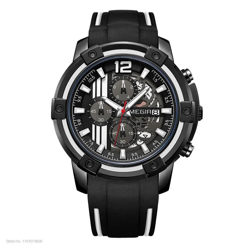 Men's Black Silicone Strap Quartz Watches Chronograph Sports Wristwatch for Man