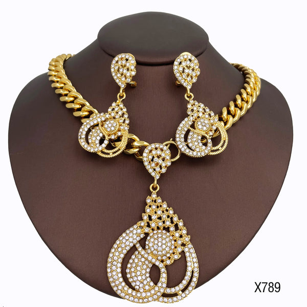 Dubai Rhinestone Flower Shape Necklace Pendant Earring Set Wedding Party Gift