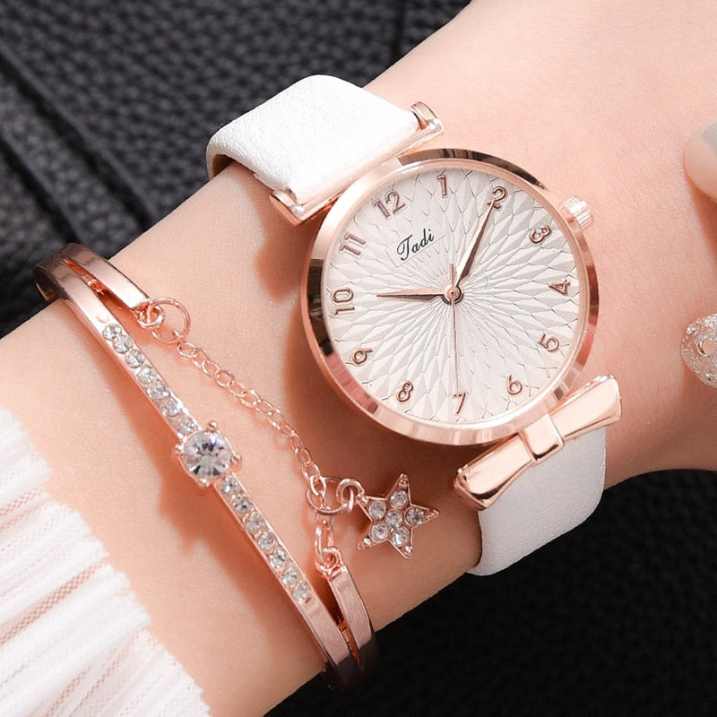 2pcs Set Luxury Women Bracelet Quartz Watches For Women Leather Watch