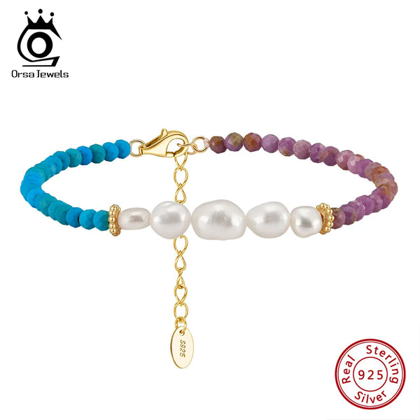 14K Gold 925 Sterling Silver Turquoise Purple Mica Pearl Bracelet for Women