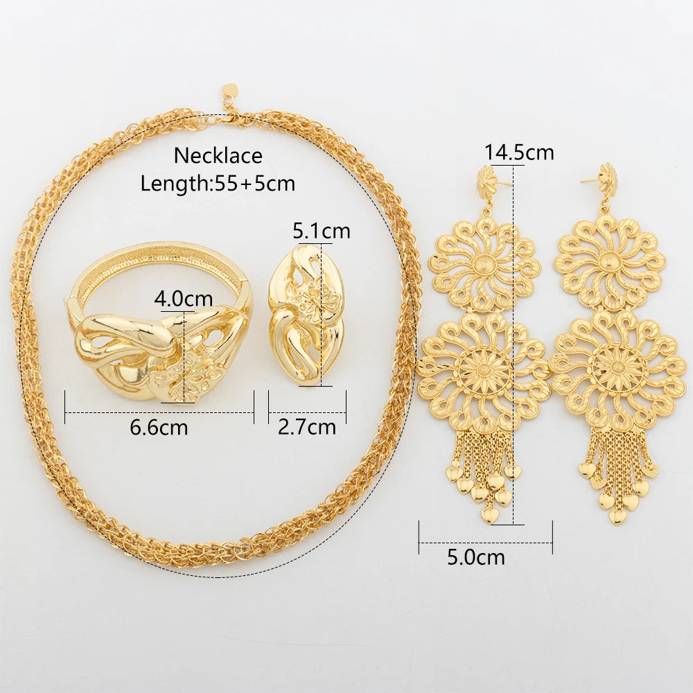 Tassels Earrings Adjustable Ring Bracelet Gold Plated Necklace Jewelry Set for Women