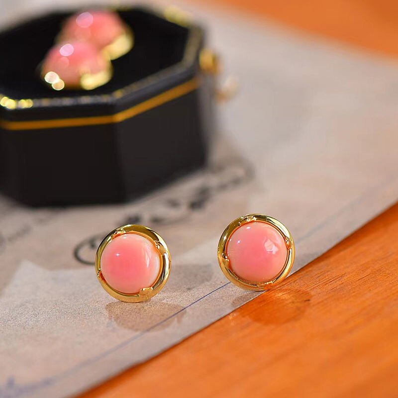 Original design new silver inlaid round pink enamel earrings for women