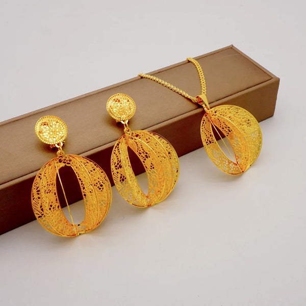 African Gold Color Necklace&Earring Sets Round Ball Hollow out Jewelry Set