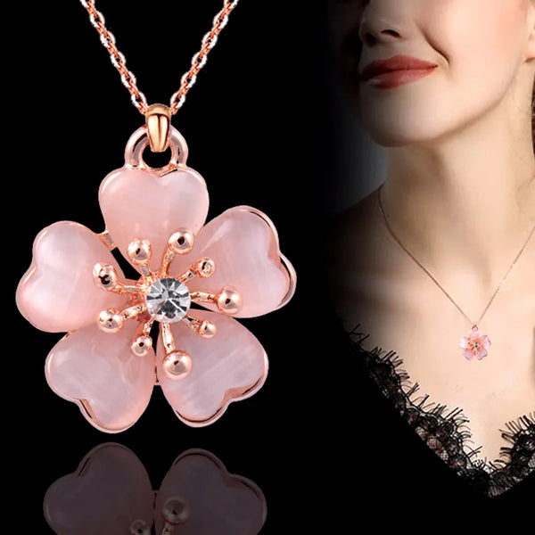 Fashion Solid Pink Opal Plum Flower Pendant Necklace