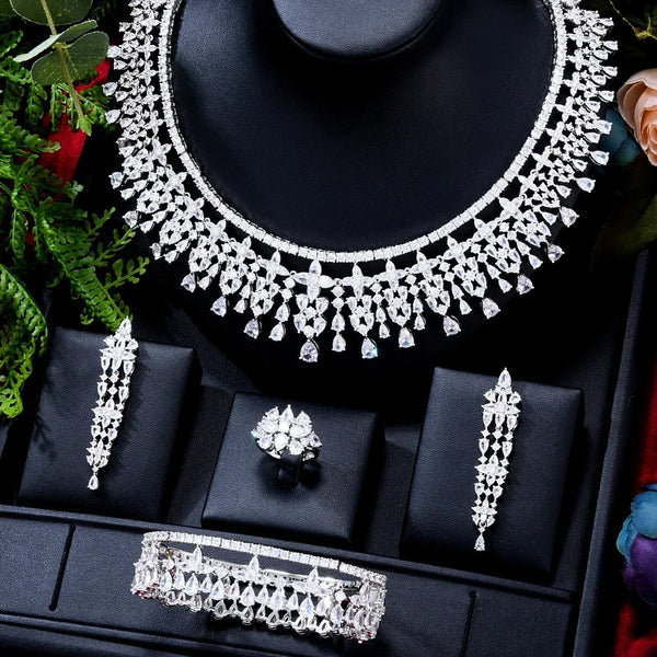 New Luxury Gorgeous Shiny 4PCS Necklace Earrings Jewelry Set Women