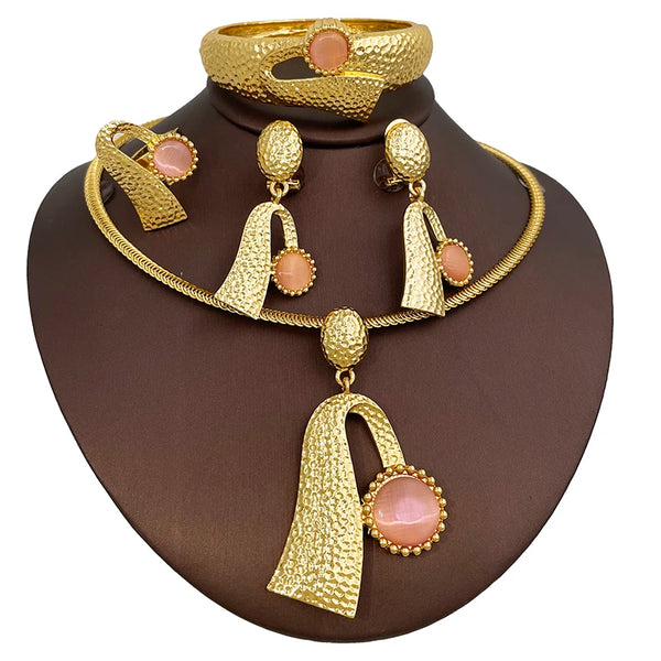 Itlaian Pink Opal Jewelry Set For Women Necklace Earring  Bangle Ring 4Pcs Set