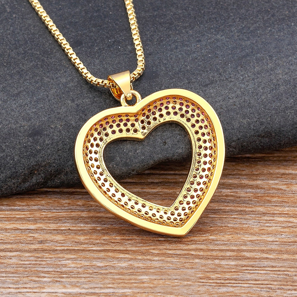 Top Quality 4 Colors Heart-Shaped Hollow Crystal Zircon Pendant Gold Chain Necklace Women