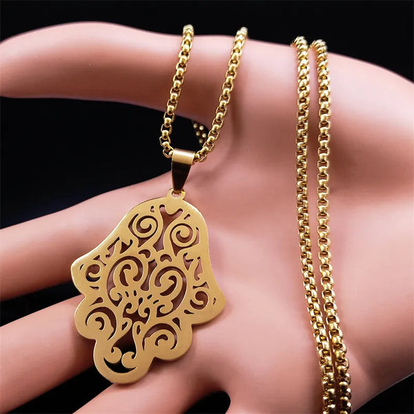 Fatima Hand Charm Necklace for Women/Men Stainless Steel Gold Color Arabic Hamsa Necklaces