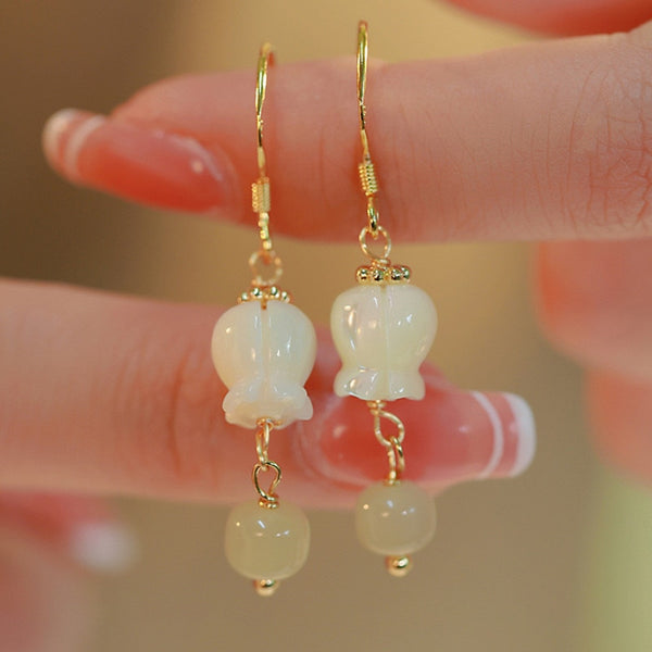 Gold Color Fashion Tassel Green Jade Flower Drop Earring For Women