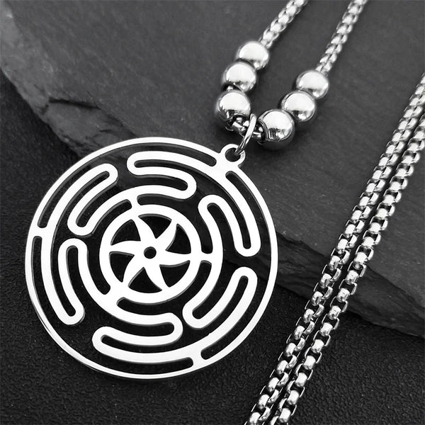 Hekate Wheel Necklace for Women Men Stainless Steel Strophalos Hecate Goddess Magic Symbol Long Chain