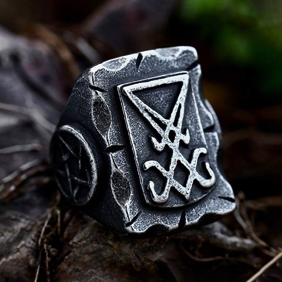 Punk Retro Lucifer Signet Star Ring Gothic Unique Devil Sign Men Rings