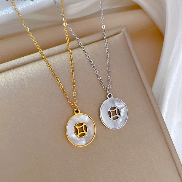 Gold Color Luxury Jewelry Natural Shells Coin Shaped Pendant Necklace For Women