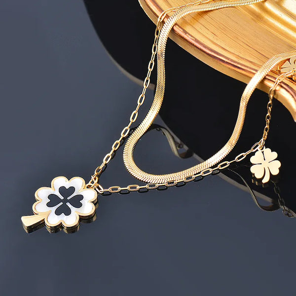 316L Stainless Steel 2 Layers Necklace For Women Shell Flowers Choker Gold Color