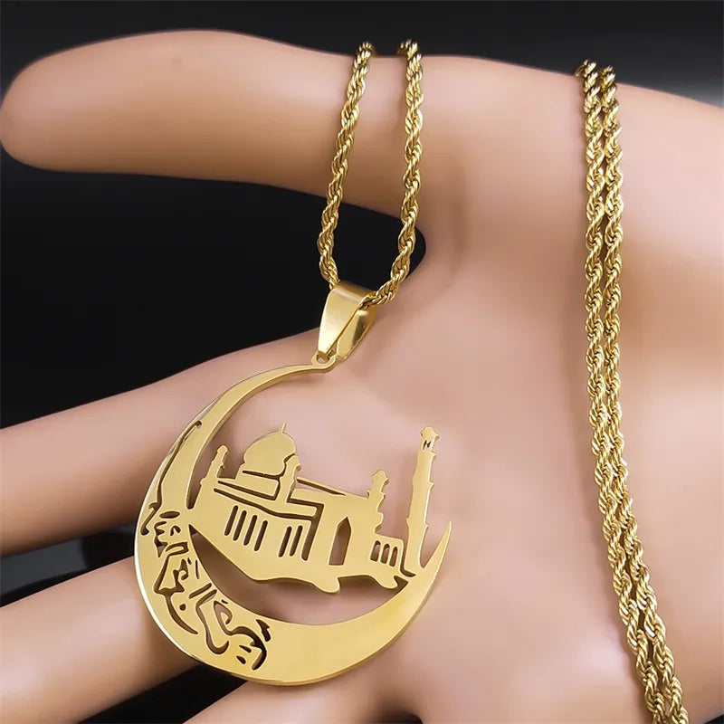 Islamic Mosque Crescent Moon Necklace for Women Men Stainless Steel Gold Color