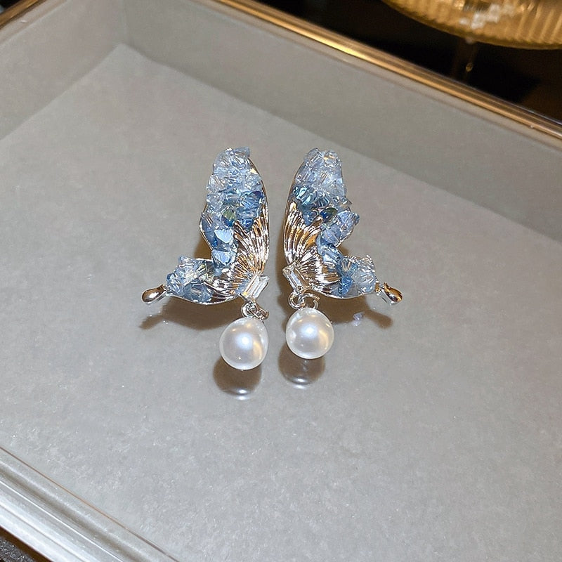 Korean Fashion Blue Crystal Butterfly Dangle Earrings For Women