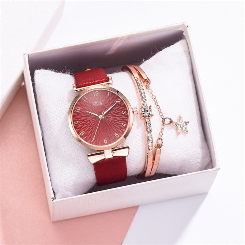 2pcs Set Luxury Women Bracelet Quartz Watches For Women Leather Watch