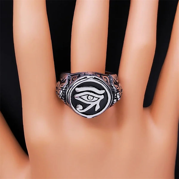 Ancient Egypt Eye of Horus Ring for Men Stainless Steel Silver Color Vintage Egyptian Amulet Rings