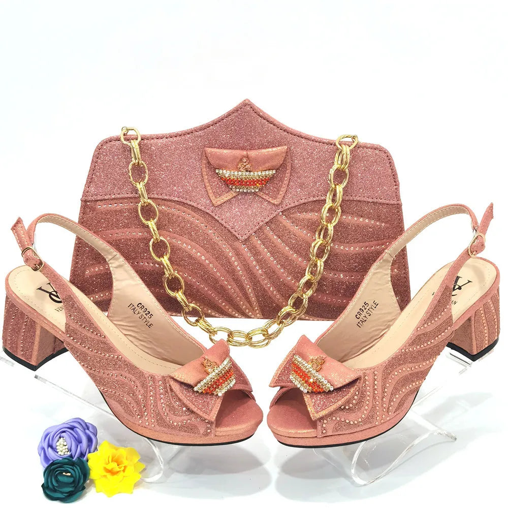 Latest Women Matching Shoes and Bag Set Decorated  Heels Shoes and Bags