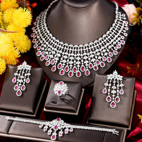 New Luxury Exclusive 4PCS Necklace Bangle Earrings Ring Jewelry Set