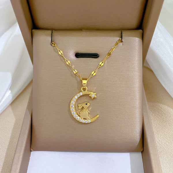 Gold Color Korean Sweet Rabbit On The Moon Pendant Necklace For Women