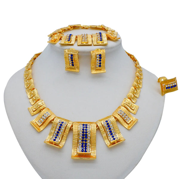 Dubai Crystal Gold Color Necklace Earrings Bracelet Ring Wedding Jewelry Sets