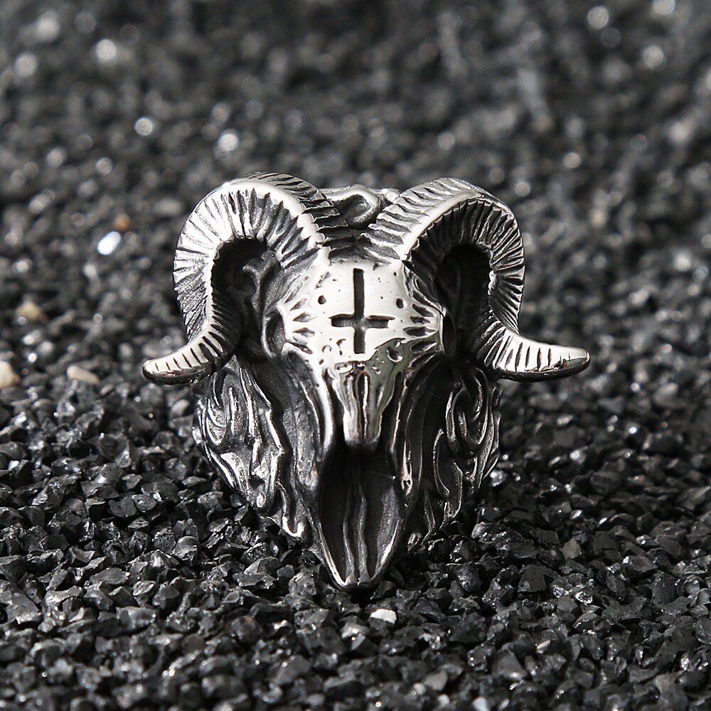 Gothic Lucifer Vintage Satan Sheep Rings For Men Punk Hip Hop Stainless Steel Skull Men's Ring