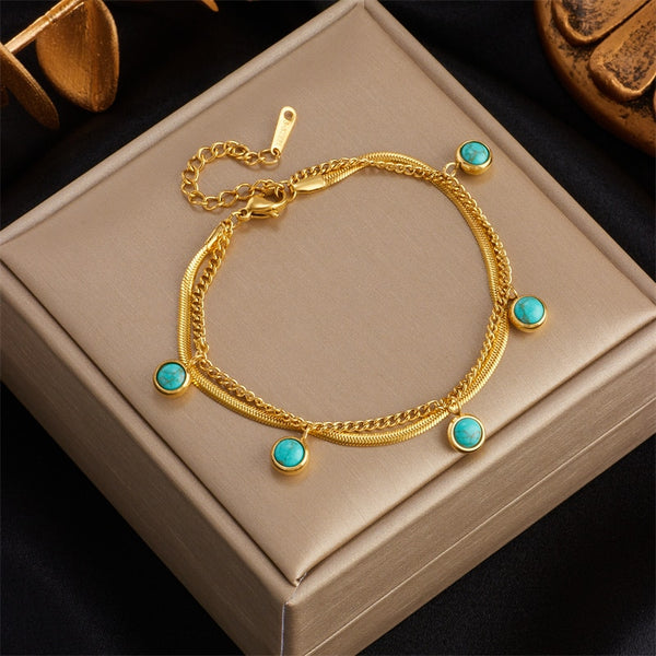 316 Stainless Steel Green Stone 2-Layer Charm Bracelet For Women