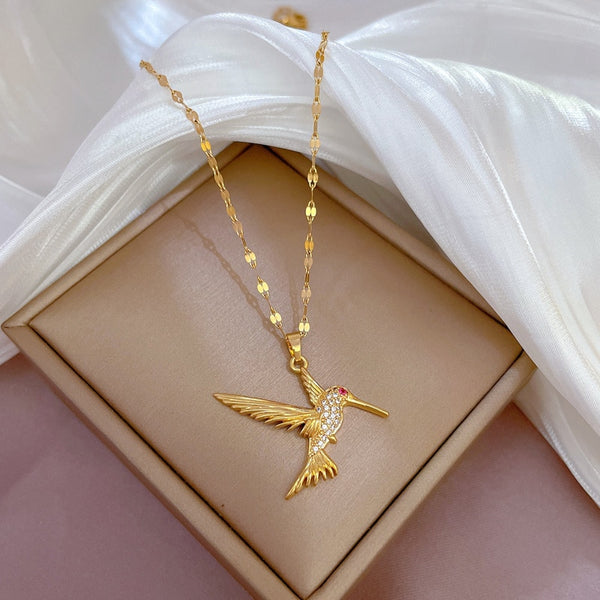 Gold Plated Hummingbird Bird Pendant Necklace For Women