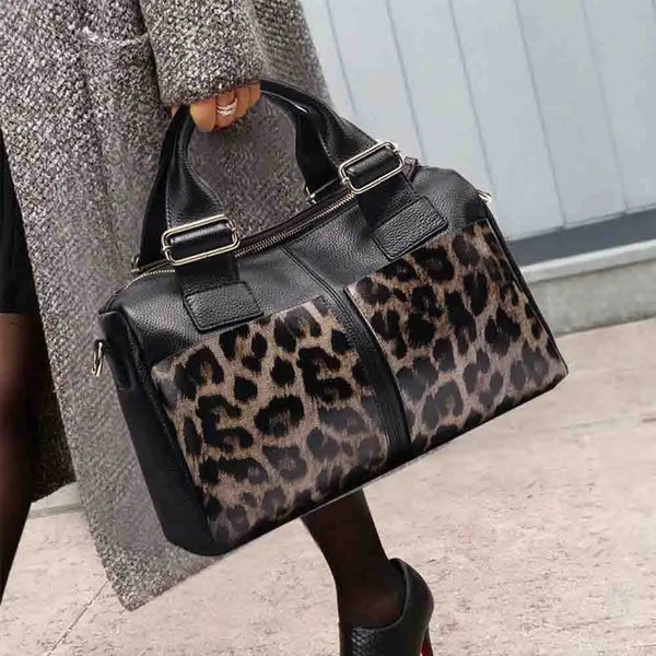 Soft Cowhide Leather Shoulder Bag Large Women Tote Bag Leopard Print Oversized Shopper Bag