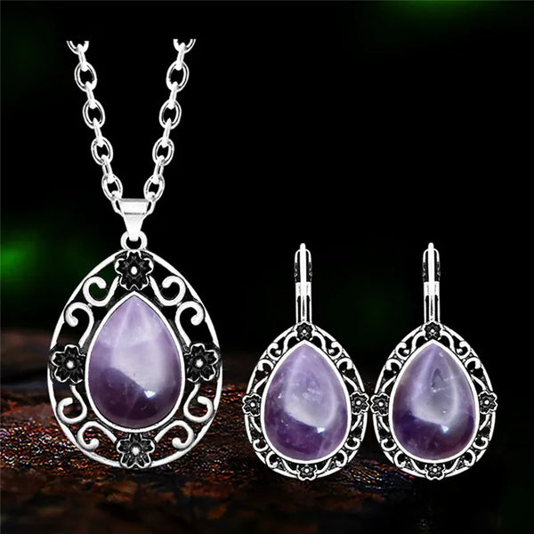 Vintage Water Drop Pendant Natural Amethysts Sets For Women