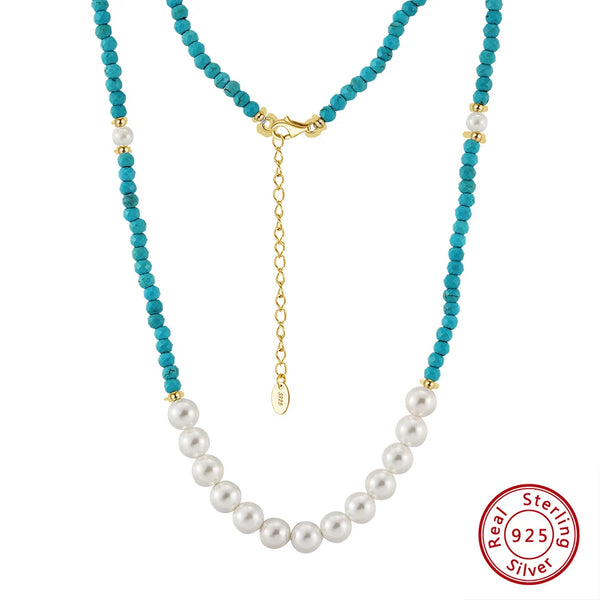 925 Silver Turquoise Beads Necklace with Shell Pearl Dainty Green Color Stone Neck Chain