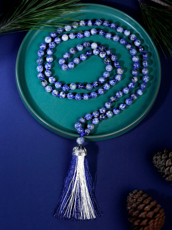 108 Mala Beaded Tassel Necklace,8mm beads White Dot Blue Beads Japamala Meditation