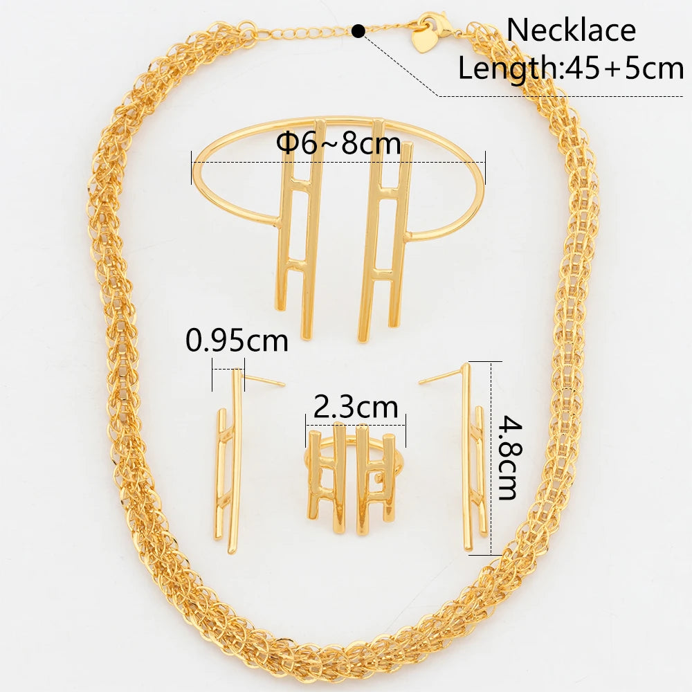 Jewelry Sets For Women 45CM Gold Color Necklace Cuff Bangles H Letter Earring Adjustable Ring