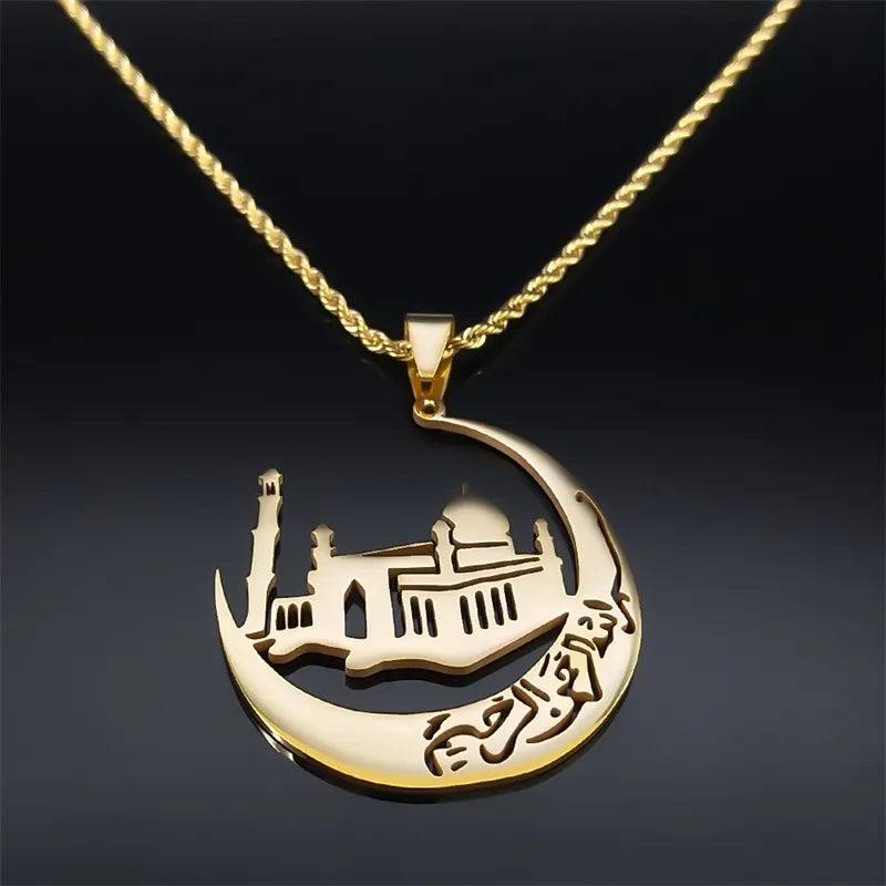 Islamic Mosque Crescent Moon Necklace for Women Men Stainless Steel Gold Color