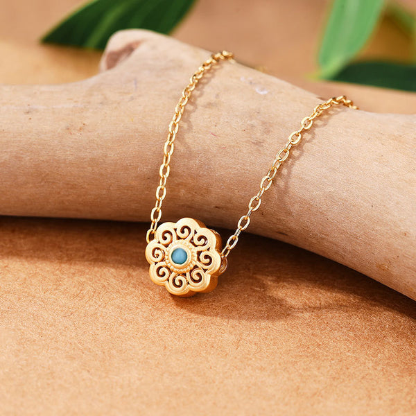 Ancient Gold Craft Inlaid Turquoise Flower Necklace Pendant