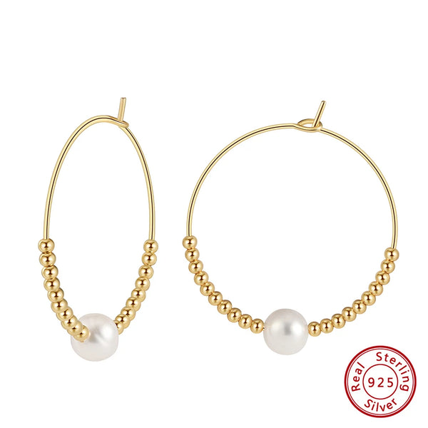 Classic Bead Hoop Earrings 925 Sterling Silver with Baroque Pearls for Women's