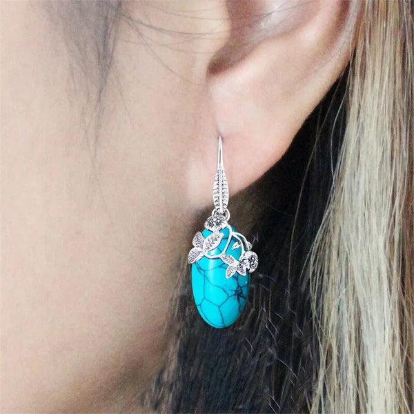 Vintage Eye Shape Synthetic Turquoises Flower Earrings For Women