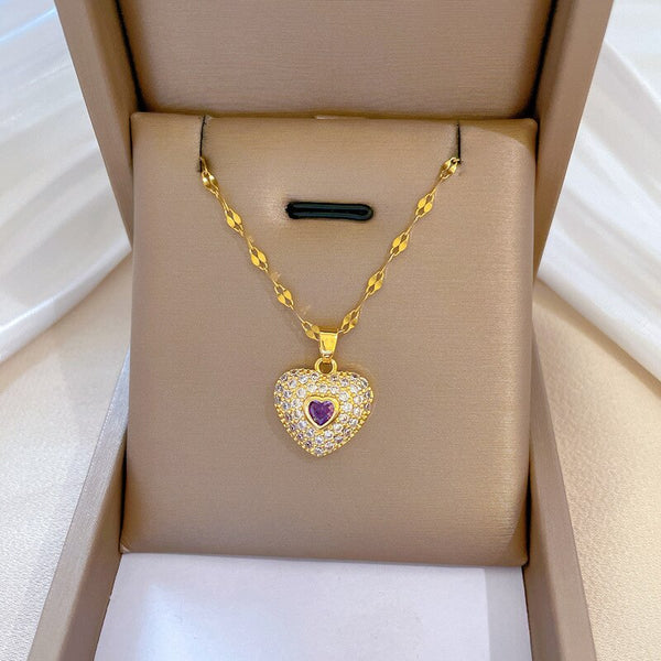 Full Crystal Romantic Purple Heart Pendant Necklace For Women