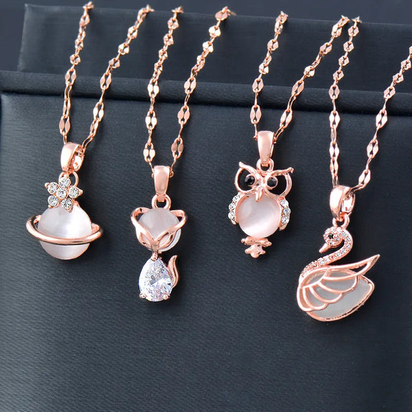 Fashion Rose Gold Color Choker Fox Owl Chains Stainless Steel Necklace For Women