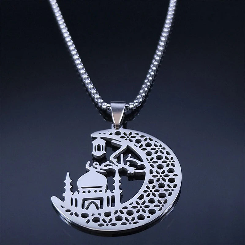 Islamic Mosque Muslim Necklace Stainless Steel Crescent Moon Quran Islam Necklaces