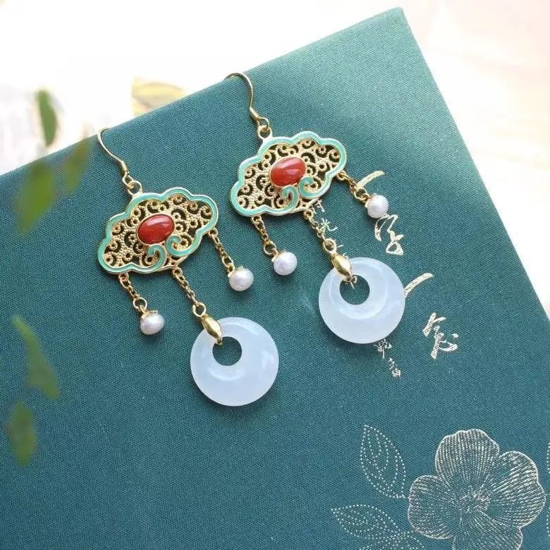 Natural Hetian  jade enamel porcelain Earrings