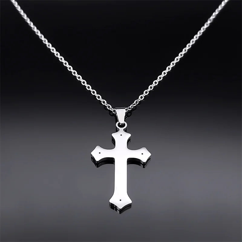 Catholic Cross Chain Necklace for Women Men Stainless Steel Crystal Blessing Necklaces