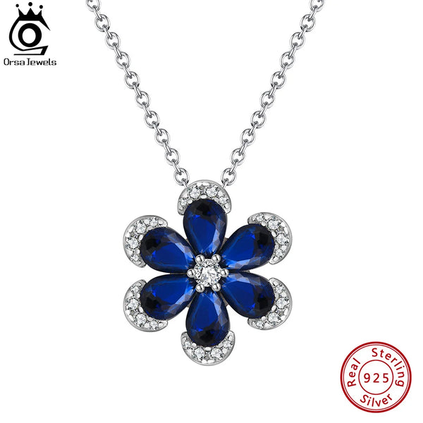 925 Sterling Silver Brilliant Created Sapphire Flower Necklaces for Women