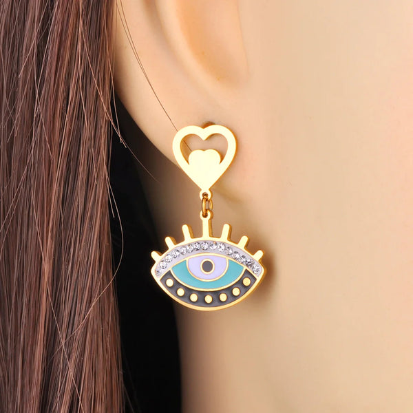 Stainless Steel Blue Eyes Heart Hoop Earrings For Women