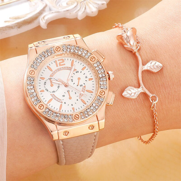 2pcs Set Watches Luxury Women Rhinestone Decor Quartz Watch